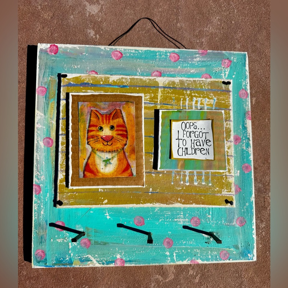 Handmade Cat Whimsical Folk Art Wall Hanging w/hooks. Double sided w/mirror!
